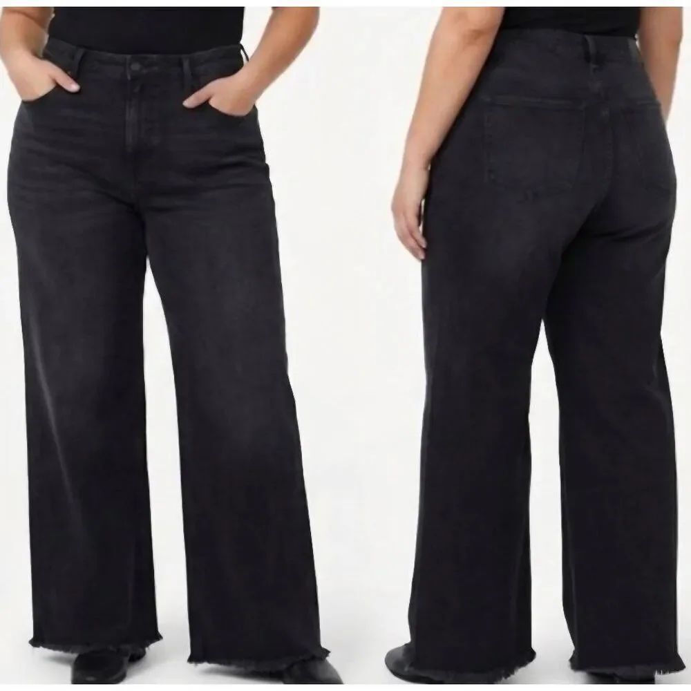 NWT Good American Jeans Women's 18 Petite Black Good Ease Relaxed Wide Leg